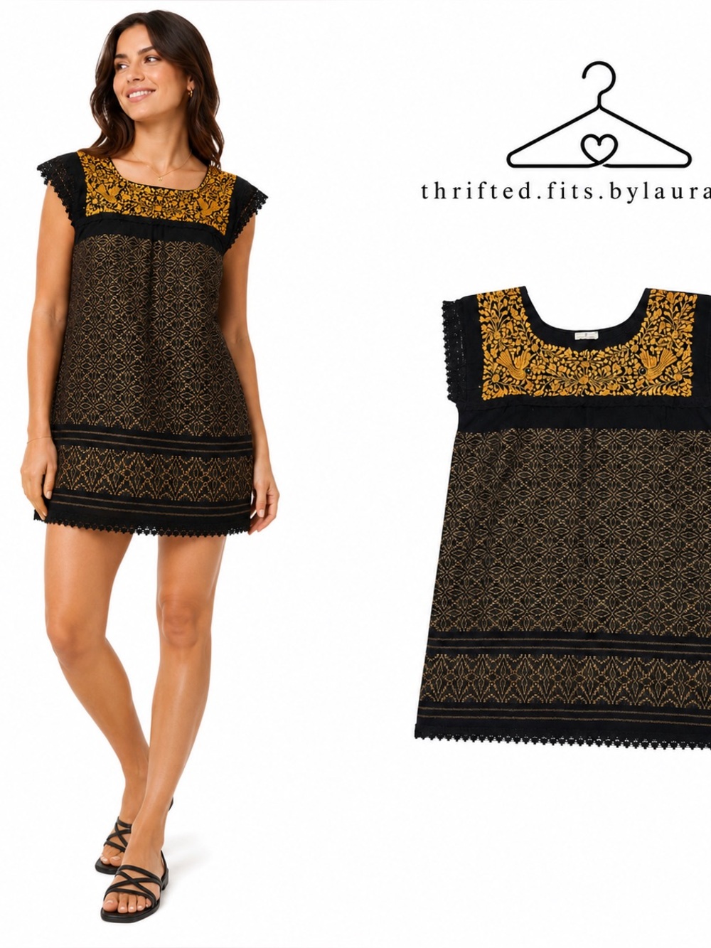 Black & Gold Embroidered Mini Dress